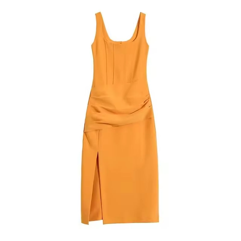 Women's Pleated Slit Summer Midi Dress - Casual & Stylish