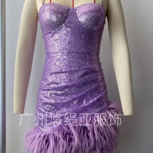 Women's Purple Sequin Sling Dress with Artificial Hair Belt