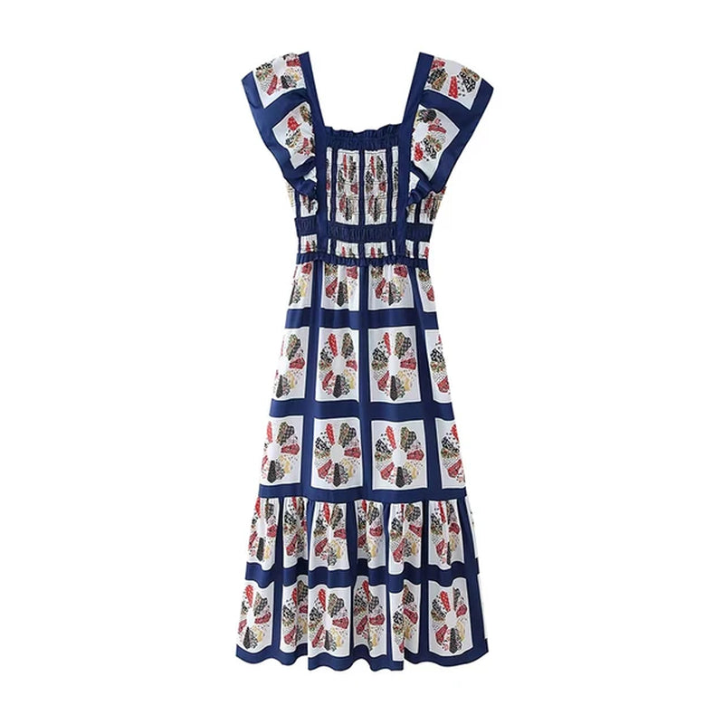 Women's Ruffled Maxi Dress with Contrast Print - Summer Chic