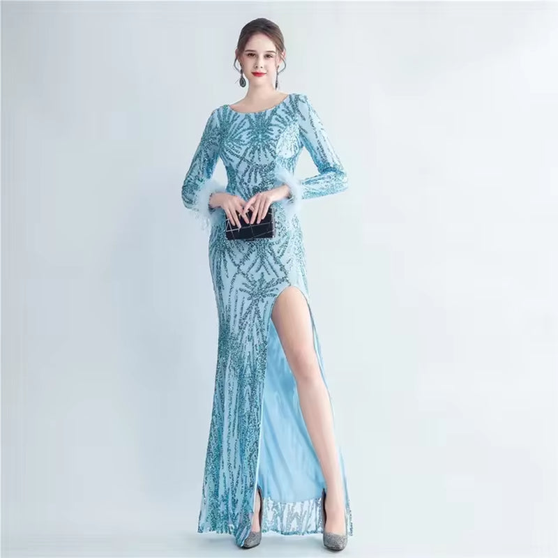 Womenâ€™s Sequin Long Sleeve Mermaid Evening Dress with Slit
