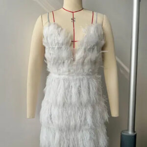 Women's Sexy Backless Deep V Feather Strap Party Dress