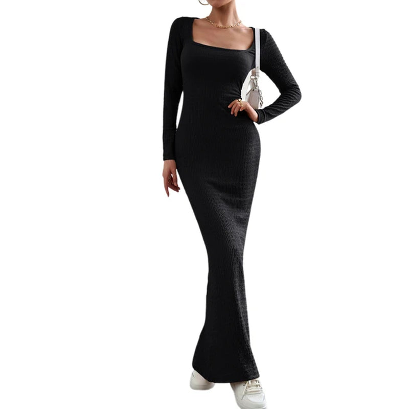 Womenâ€™s Solid Color Long Sleeve Maxi Dress - Slim Fit