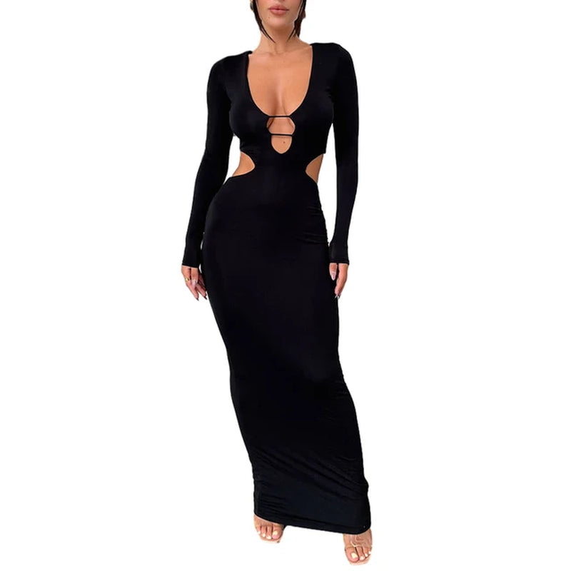 Womenâ€™s Solid Hollow Out Bodycon Maxi Dress - Long Sleeve