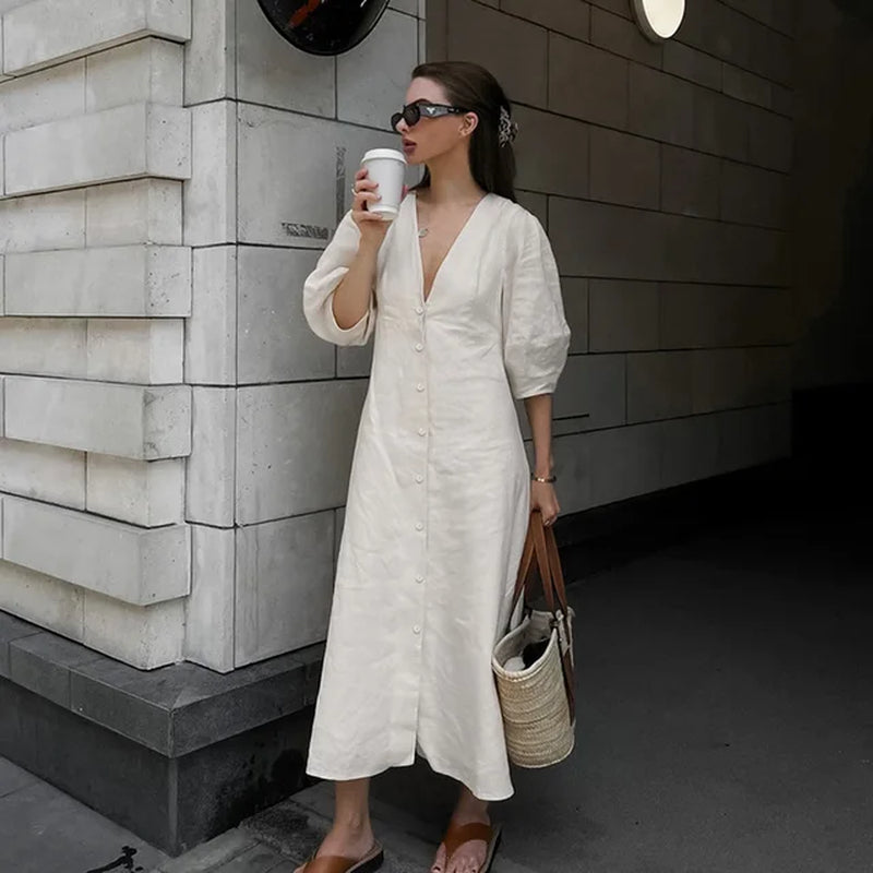 Womenâ€™s Summer Backless Beige Cotton-Linen Bubble Sleeve Dress