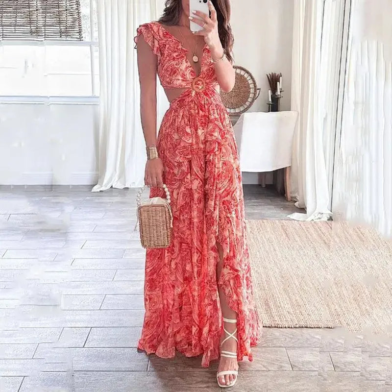 Women's Summer Deep V Maxi Dress with Pleats