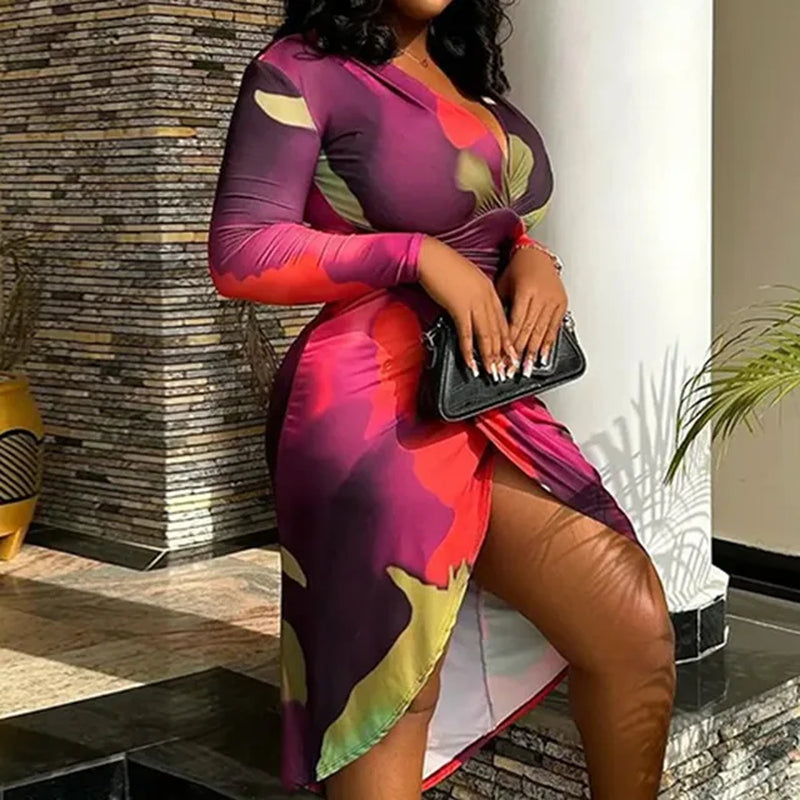 Women's V Neck Digital Print Beach Cover-Up Dress