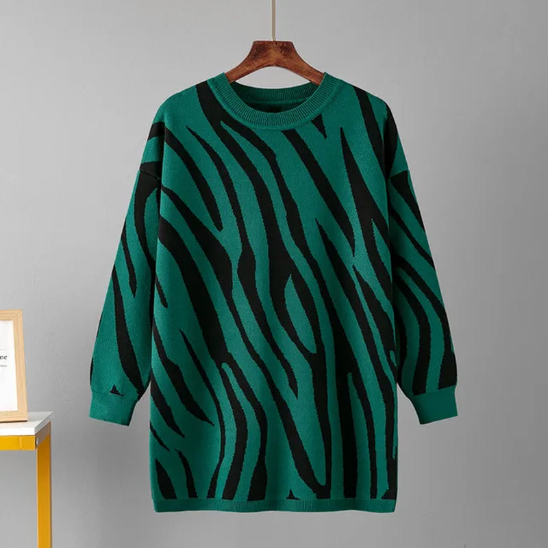 Zebra Pattern Oversized Knit Pullover Sweater for Women